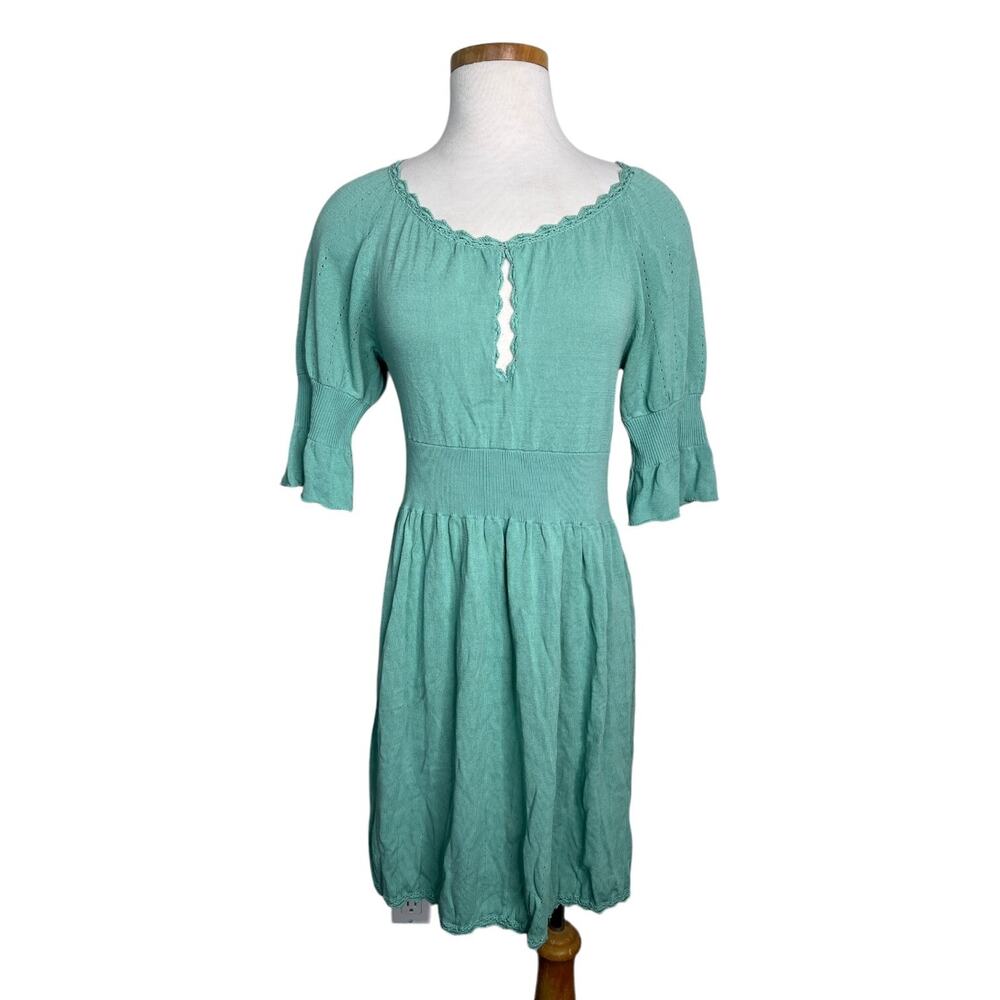 Nanette Lepore Eyelet Keyhole Scoop Neck Ruffle 1/2 Sleeve Dress Mint S Small